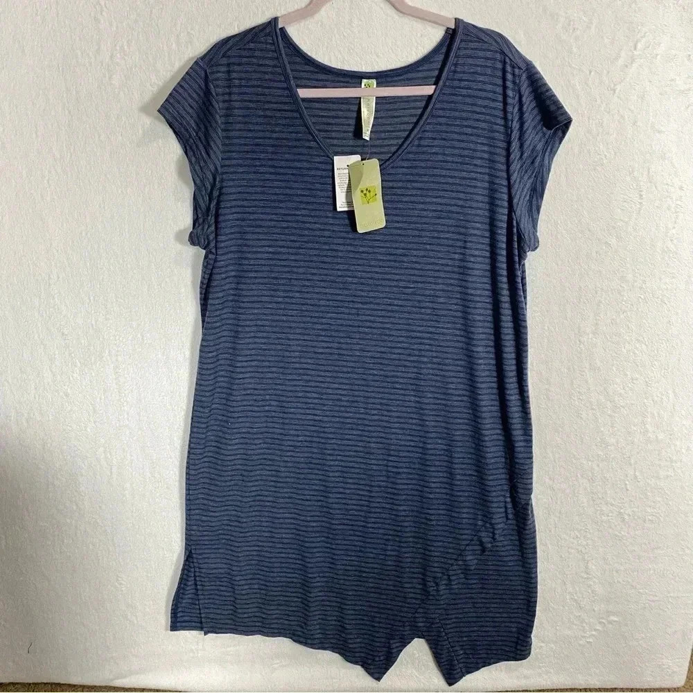 Halcyon Womens Short‎ Sleeve Dress Front Split Blue Striped Size XL Casual, NWT